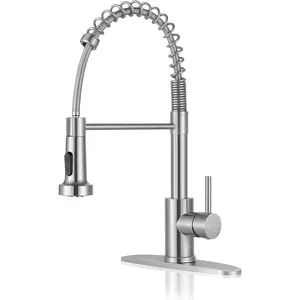Kitchen Faucets with Pull Down Sprayer Brushed Nickel High Arc Single Handle 1 or 3 Holes Spring Kitchen Sink Faucet with Deck Plate for Farmhouse RV Vessel Basin