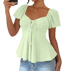 2026 Summer New Women Solid Color Short Sleeve T-Shirt European American V Neck Drawstring Waist Tie Casual Sexy Slim Fit Ladies Basic Tee Tops