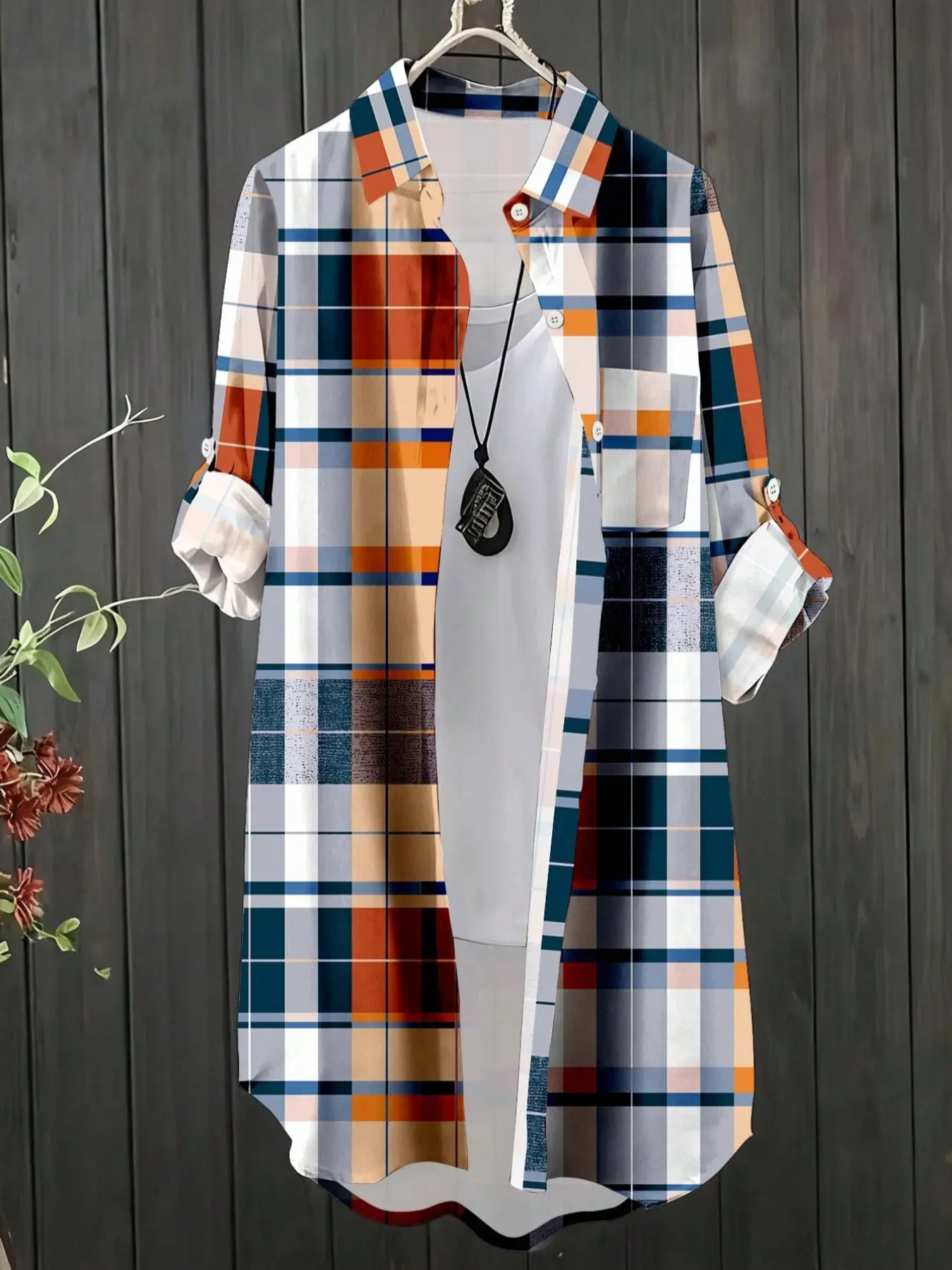 Plus Size Women's Plaid Geometric Roll Sleeve Long Sleeve Single Button Casual Loose Shirt Blouses, Casual Clothing, Fall Fashion, Comfortable and Stylish, Perfect for Daily Wear