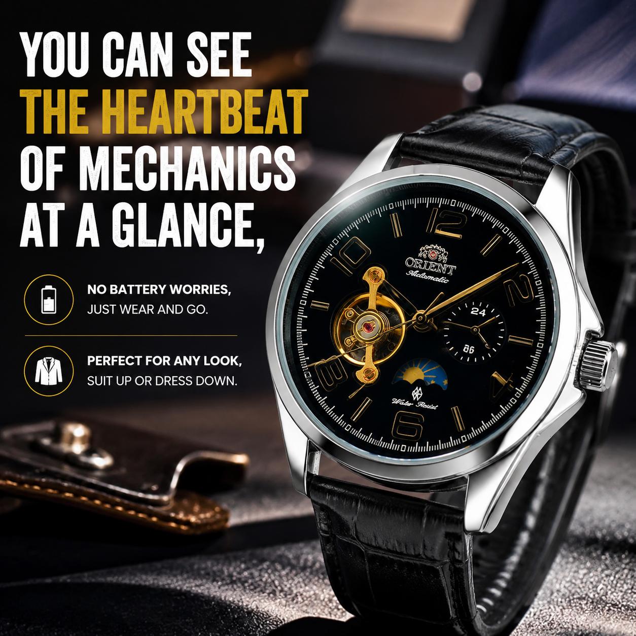 Orient Men Automatic Mechanical Watch, Open Heart Skeleton Dial, Moon Phase & 24-Hour Indicator, Stainless Steel & Leather Strap Options, Classic Business Casual Wristwatch, Luminous Numerals, Water Resistant Dress Watch for Men