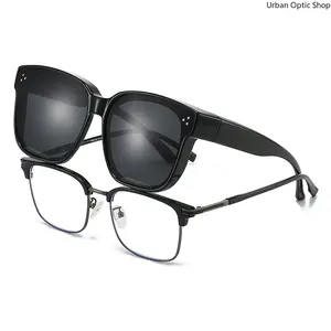 XUH Clip On Sunglasses for Prescription Glasses, Polarized UV400 Protection Square Black Frame, Fit Over Glasses for Driving Outdoor