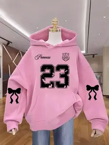 New Hooded Fleece Sweatshirt with Letter Butterfly Print, Womenswear Casual Loose-Fit Long Sleeve Pullover Tops, Fall & Winter Fashion Gift