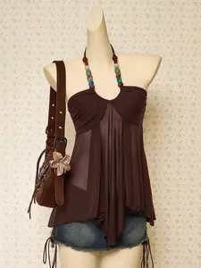 EVO x  ICON Y2k Halter Western Boho Vintage Women's Sage Green St Patrick's Day Country Concert Babydoll Flowy Beaded Women's Beaded Tie-Up Ruched Fashion Halter Tank Top, Summer