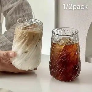 Spiral Textured Stylish Glass Cups with Vintage Swirl Design, Food Grade BPA Free Lead & Cadmium Free Heat Resistant Shatterproof Premium Drinking Glasses, Dishwasher Safe Glass Cold Cup for Iced Coffee Juice Cocktails Bubble Tea Home Bar Cafe Daily Use