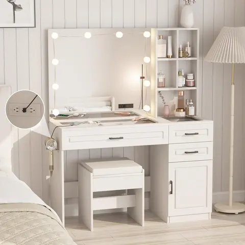 Vabches Sturdy Makeup Vanity Desk with Glass Top & Mirror, Waterproof Surface, Adjustable Features, Power Outlet, Ample Storage Drawers, Beauty Organization, Assembly Required, Indoor Furniture for Dorms, Changing Room
