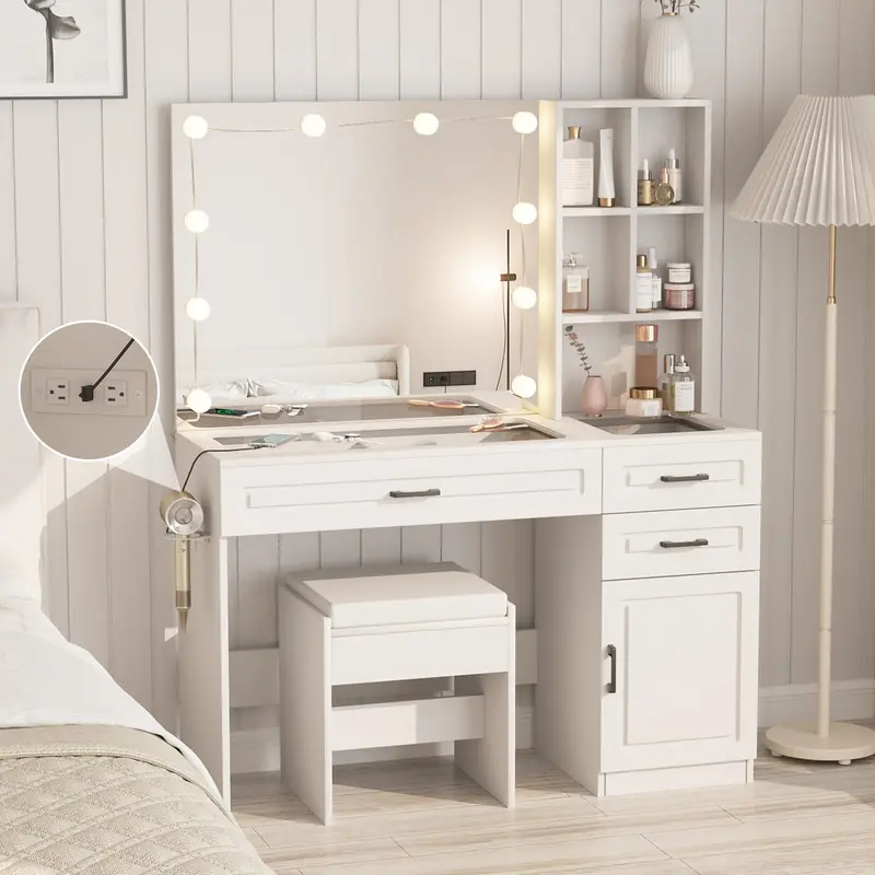 Vabches Sturdy Makeup Vanity Desk with Glass Top & Mirror, Waterproof Surface, Adjustable Features, Power Outlet, Ample Storage Drawers, Beauty Organization, Assembly Required, Indoor Furniture for Dorms, Changing Room