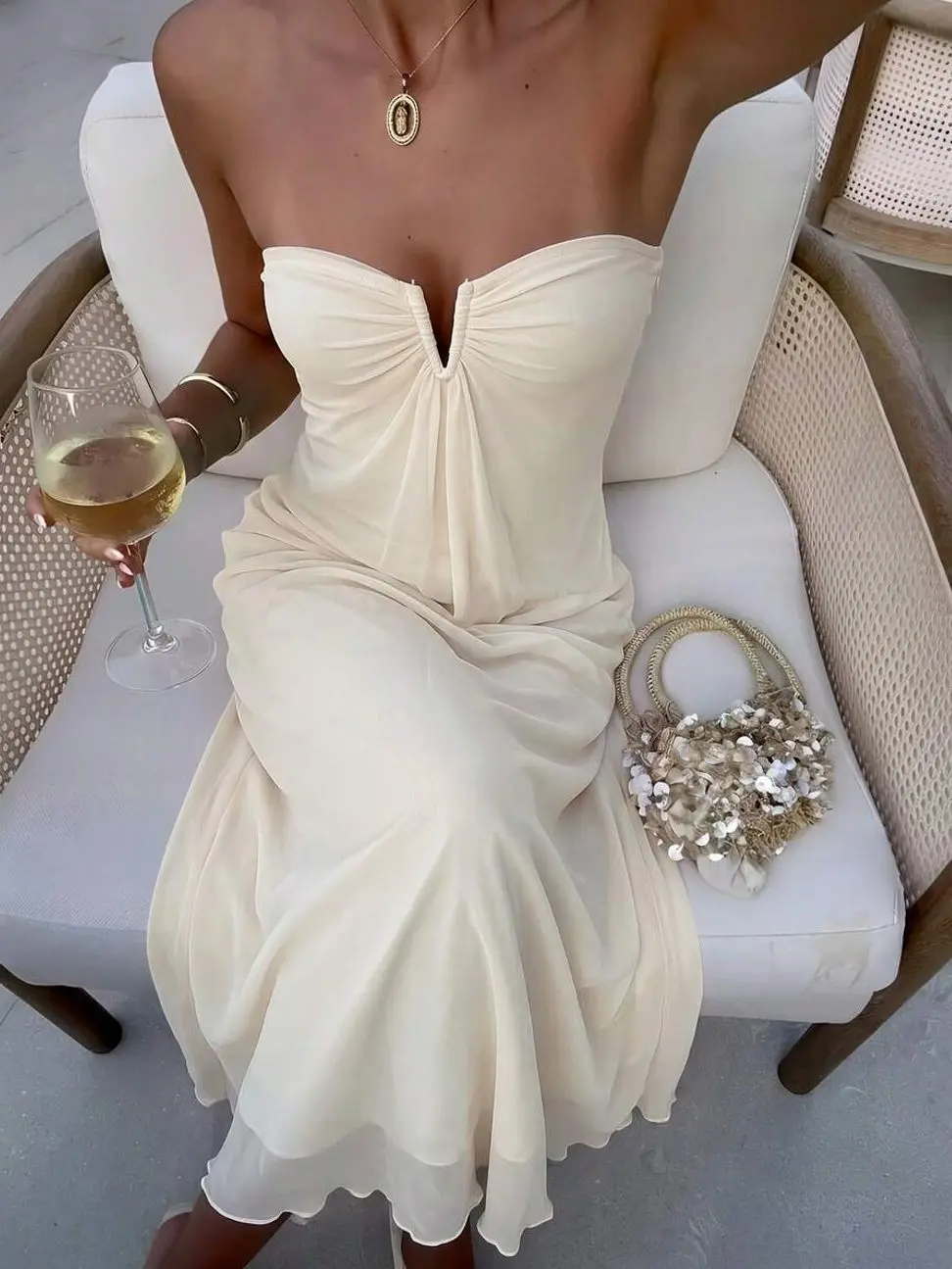 New Elegant V-Neck Strapless Plunging Neckline Maxi Flowy Dress, Pale Yellow, Flattering A-Line Silhouette Holiday Holiday Party Summer,Wedding Guests,Dresses For Women Summer