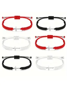 6 Piece Adjustable Stainless Steel Bracelets with Woven Rope and Cross Pendant, Minimalist Jewelry for Women, Couples, Spouses, Religious Jewelry Gift