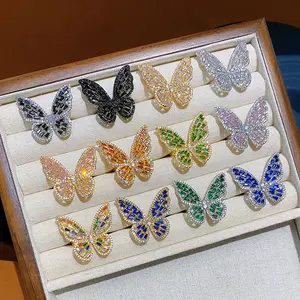 New European and American Style Copper Inlaid Cubic Zirconia Personalized Colorful Butterfly Ring Adjustable Size Ins Cute Butterfly Open Ring