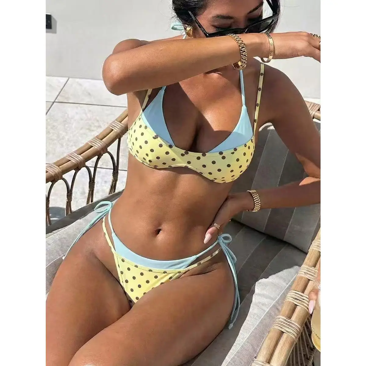 Yellow polka dots combined with light blue