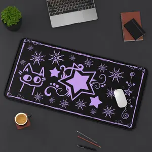 Purple Gothic Cat Mousepad Cute Spooky Star Desk Mat, Witchy Aesthetic Gaming Pad, Alt Desk Decor Emo and Indie Setup Lovers Cat Lovers Gift