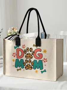 1 piece of dog paw element 'DOG MOM' 2D printed large capacity storage bag, extra large storage bag, sturdy handle, space-saving multi-purpose, suitable for use at school, on business trips, and shopping, Tote Bag