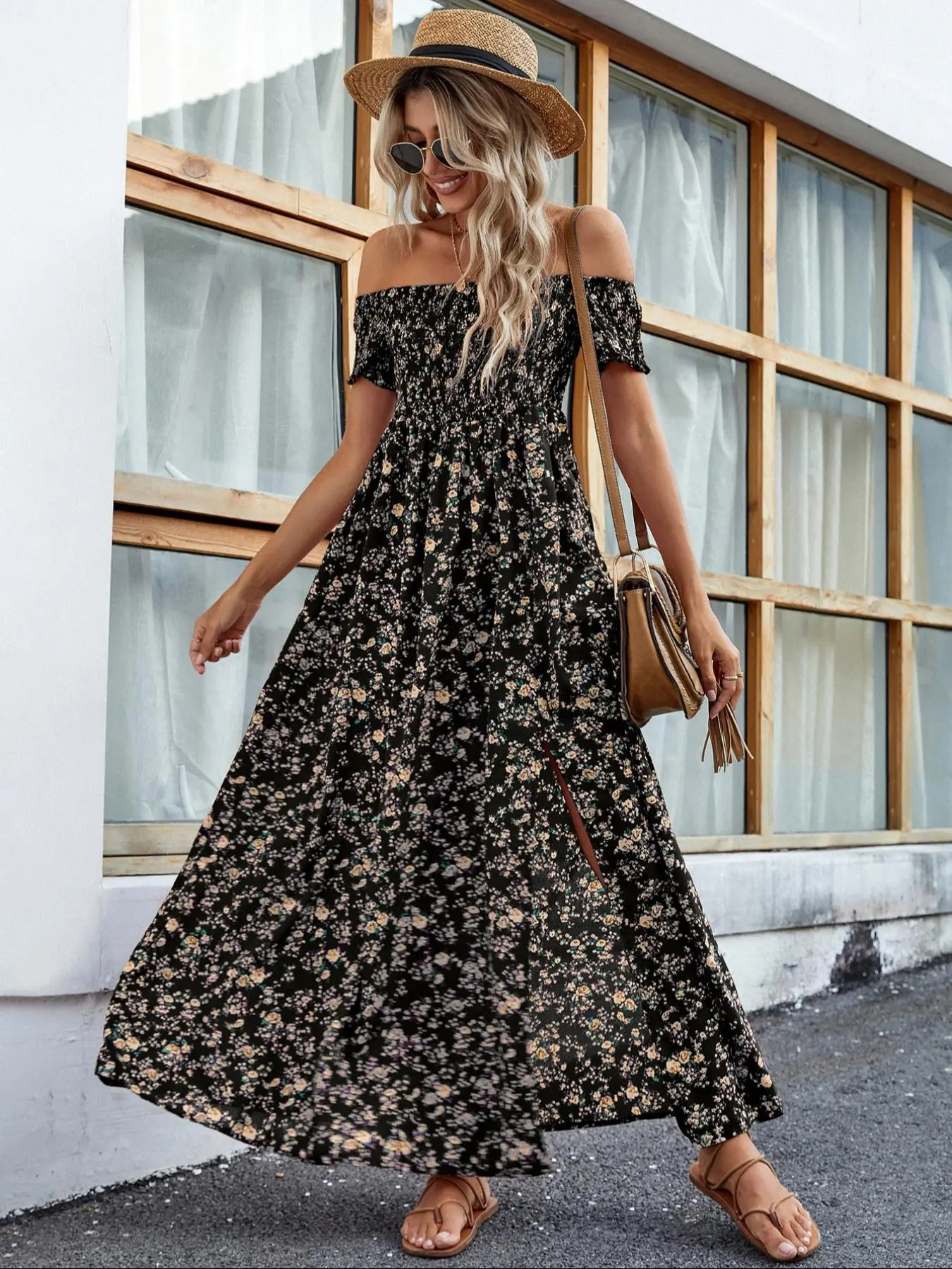 Women's Frenchy Style Split Thigh A Line Vintage Shortsleeve Dress, Elegant Comfort Short Sleeve Long Dress Women's Frenchy Style Split Thigh A Line Vintage Shortsleeve Dress, Elegant Comfort Short Sleeve Long Dress