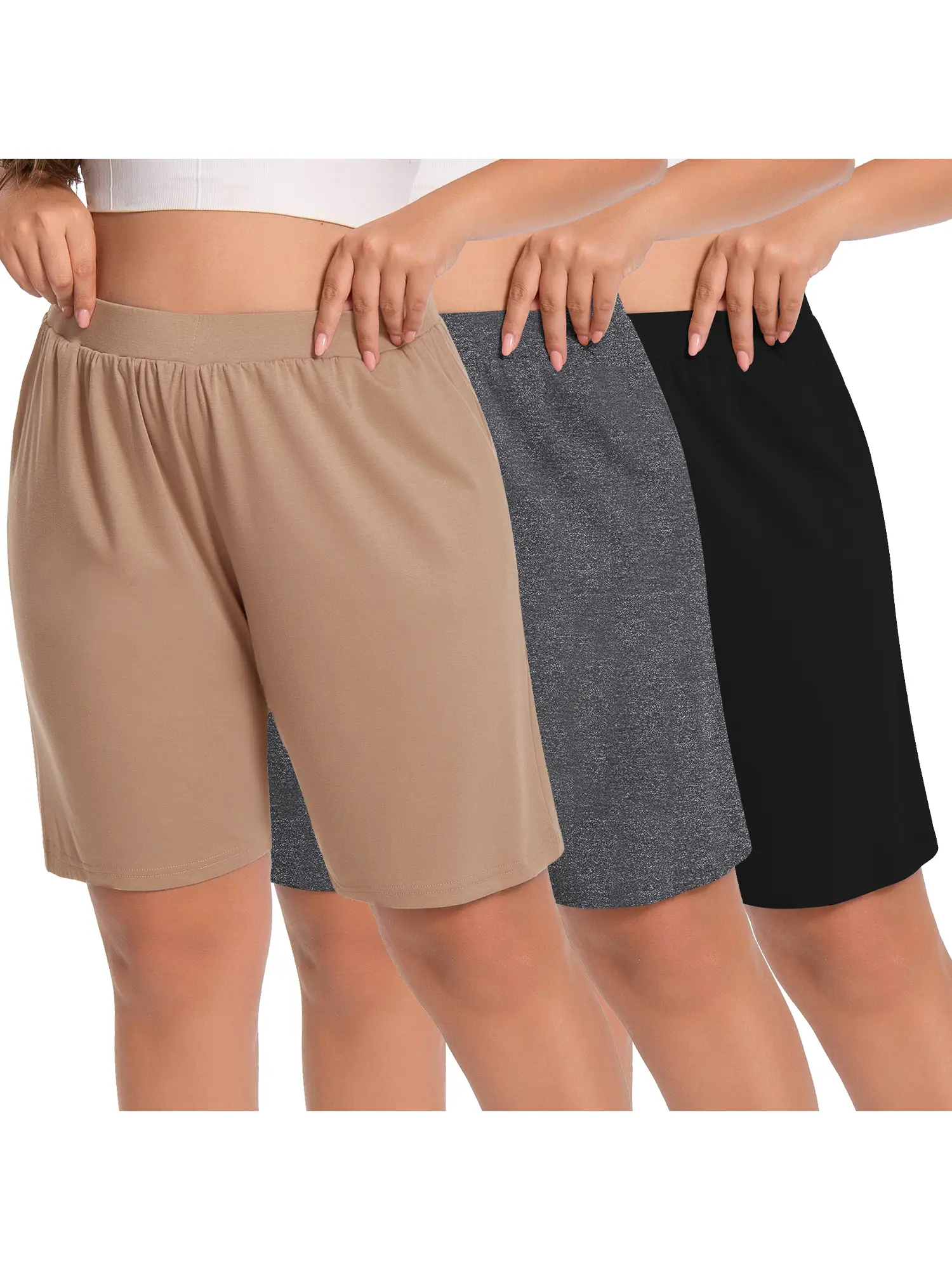 Women's 3-Pack Bermuda Shorts Lounge Athletic Loose Running Casual Long Yoga Shorts with Pockets in Beige Gray & Black
