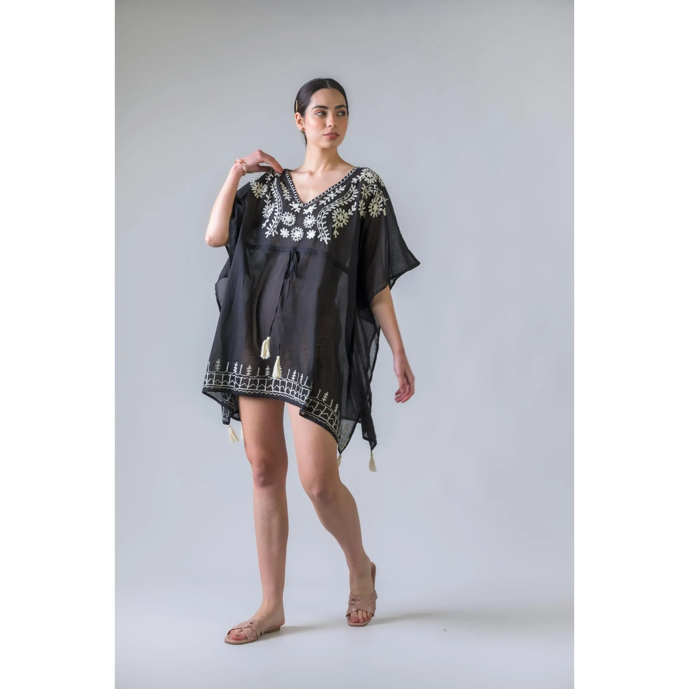Rhea Tie Waisted Embroidered Short Kaftan