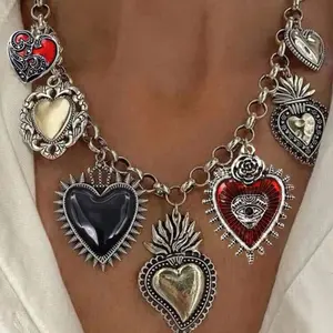 1pc Chunky Vintage Gothic Heart Multi-Pendant Necklace ️  Make a bold statement with this stunning vintage-inspired gothic heart necklace! Featuring multiple heart pendants, including detailed heart lockets, in antique silver and gold tones with striki