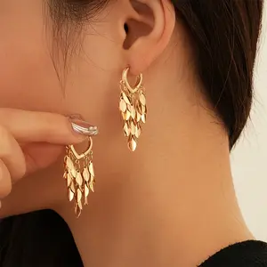 A Pair of Korean and Japanese Fashion Metal-style Party Vacation Matching Wheat Ear Leaf Tassel Hoop Earrings