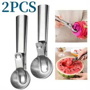 2 Pieces Ice Cream Spoon Set, Portable Stainless Steel Ice Cream Scoop with Trigger and Comfortable Handle, Icecream Scoop Spoon Perfect for DIY Ice Cream, Fruit, Cookie, Utility Dishwasher Safe (1 Large + 1 Small)