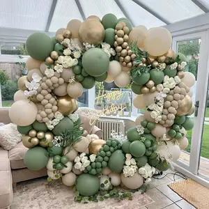 [Sage Green Balloons] 220pcs Sage Green Balloon Garland Arch Kit | Cream Beige Gold Balloons for Wedding Birthday Baptism Baby Shower Decorations, Indoor Outdoor Thickened Latex Balloons