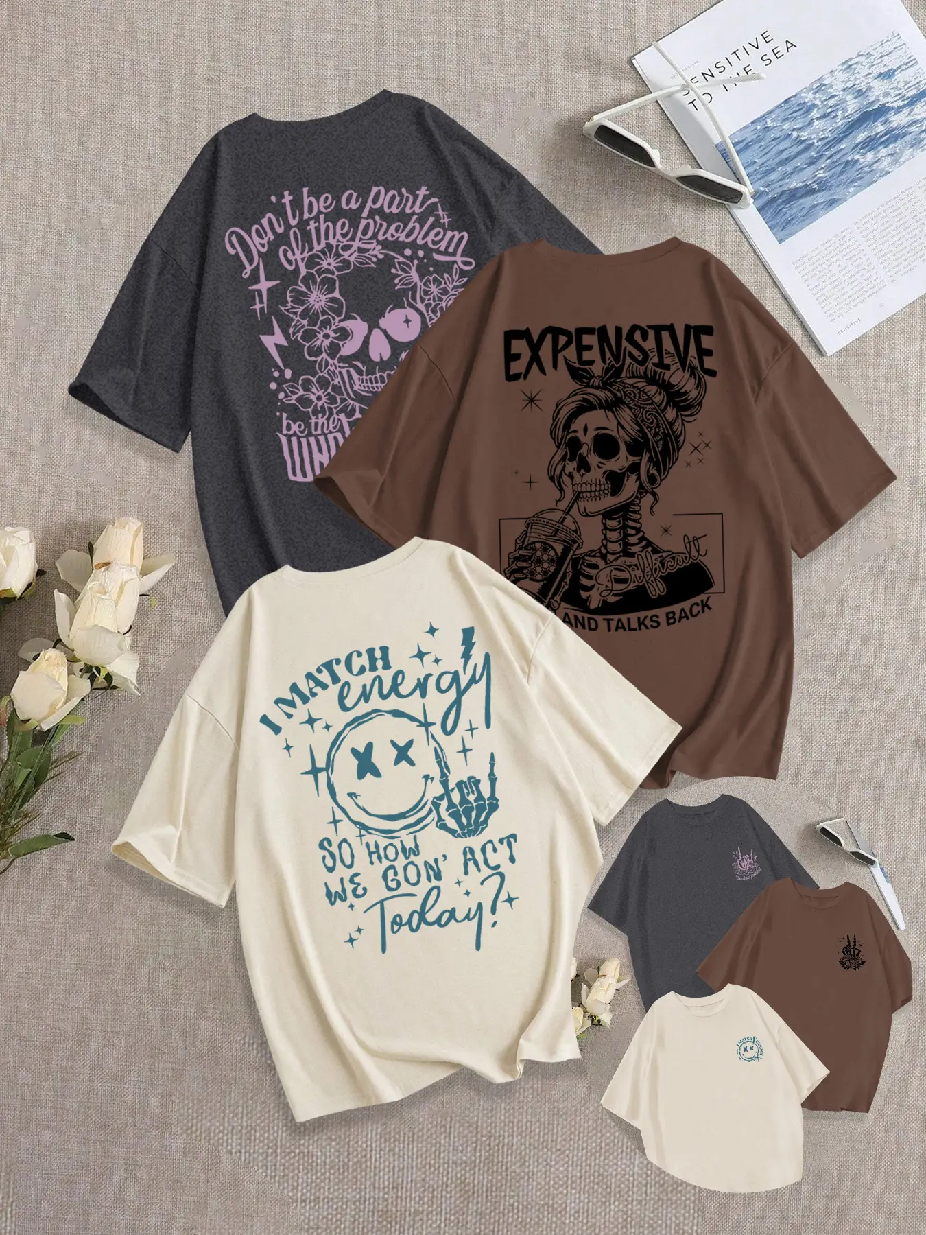 Breathable Soft Casual Everyday Streetwear Loose-Fit Oversized Round Neck Skull Girl Graphic Print Knit T-Shirt Set, Summer Fashion Comfortable Versatile Top, Pack of 3, Tshirt