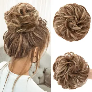 CJL HAIR Large Messy Bun Hair Piece Wavy Curly Scrunchies Synthetic Chignon Ponytail Hair Extensions Thick Updo Hairpieces for Women Medium Auburn/Ash Blonde