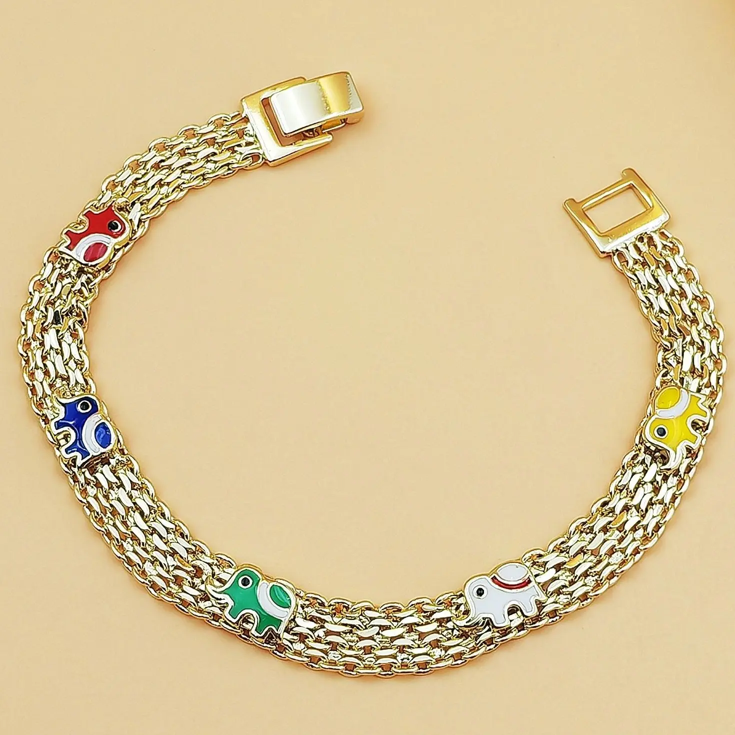 Gold Plated Enamel Elephant Bracelet - Tarnish Resistant Woven Chain Costume Jewelry for Women