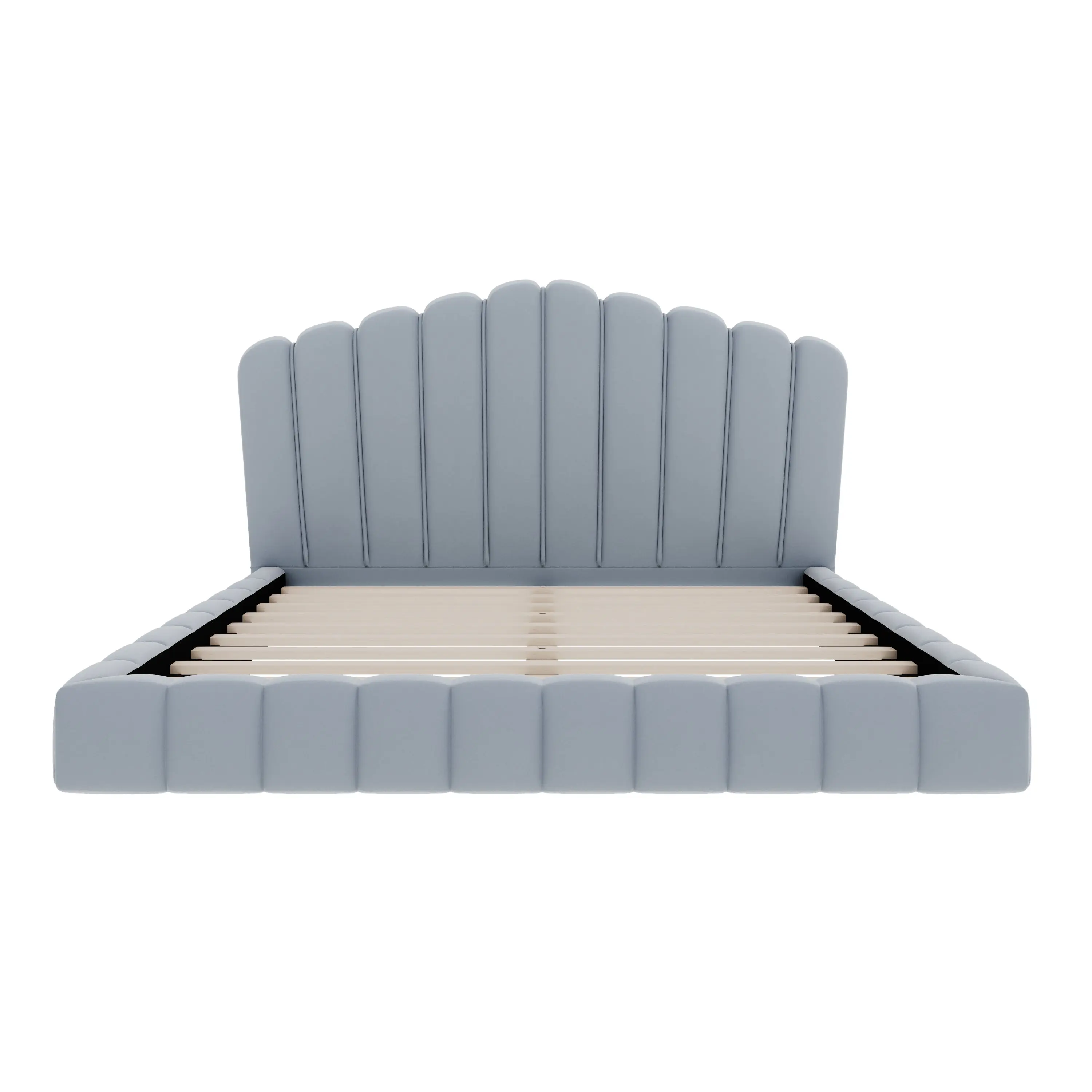 Light Blue Velvet Upholstered Queen Bed Frame with Shell-Shaped