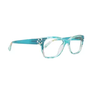 Azul, (Bling) Reading Glasses 4 Women W (Aquamarine N Clear)Genuine European Crystals. +1.5..+3  NY Fifth Avenue (Wide frame)