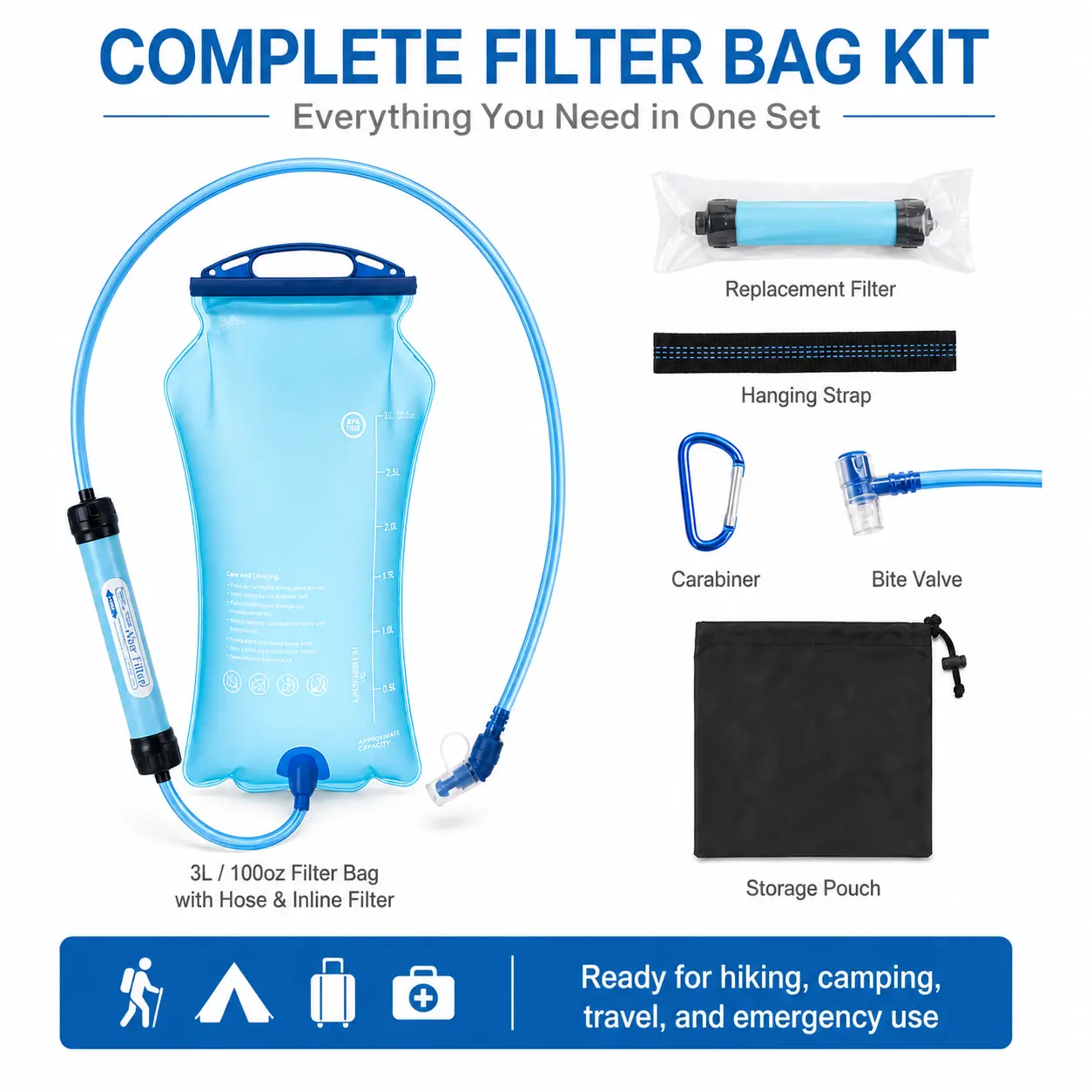 SimPure/WAKIWAKI/MS Gravity Water Filter with 3L Filter Bag Water Storage, Tree Strap, BPA-Free Camping Gear for Survival Camping, Removes Chlorine