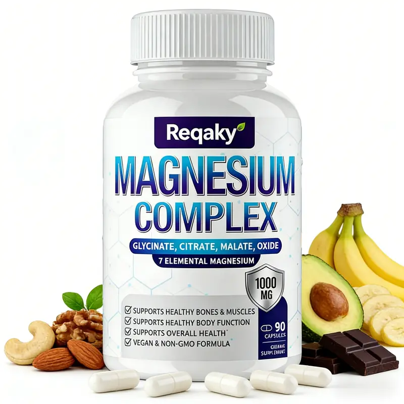 Reqaky Vegan Chelated Magnesium Complex Dietary Supplement - 1000mg, 90 Non-GMO Capsules, Made with 7 Elemental Magnesium for Bone Health & Metabolism Support, Premium Mineral Supplement