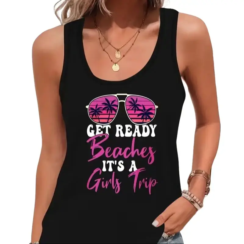 Women's Tropical Casual Polyester Beach Tank Top - Quote Print, Adjustable Straps, Girls' Trip Themed