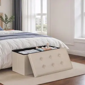 30" Folding Storage Ottoman Footstools with Cover for Living Room Bedroom Beige