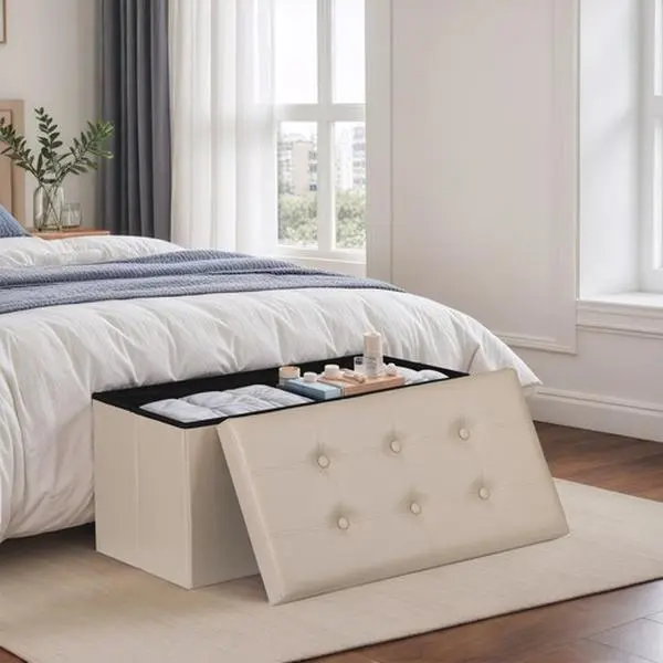 30" Upholstered Folding Storage Ottoman Footstool with Cover for Living Room, Bedroom, Beige, Upholstered Footstool