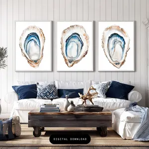 Oyster Shell Wall Art Triptych, Coastal Beach House Decor, Nautical Seashell Poster Set 3, Ocean Inspired Wall Art, Room Decor, Unframed – 5 Sizes (8x12 to 27x40 inch)