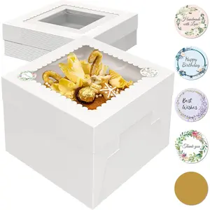 15 count 10x10x8 Inch Tall Cake Boxes with Window, White Square Cheesecake Bakery Boxes, Large Cardboard Cake Baking Boxes with 90 Stickers for Cakes, Pies, Wedding, Birthday Party