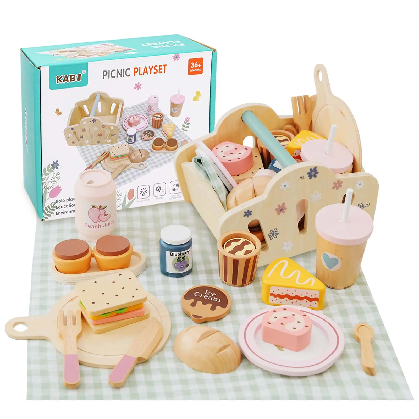 Potatomato Unisex Wooden Toddler Picnic Playset - Functional Basket, Cutting Play Food, Kitchen Accessories for Imaginative Tea Party, Outdoor Pretend Play