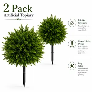 2 Pack UV-Resistant Synthetic Decorative Artificial Boxwood Topiary Ball with Ground Stake, Low Maintenance Faux Shrub for Outdoor Patio & Front Porch Decor with Easy Installation