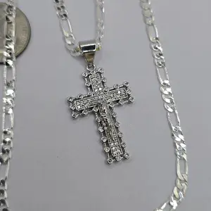 CHRIST ON THE CROSS Figaro chain style gold-plated 24"inches colorbsilver clear stones GOLD-PLATED
