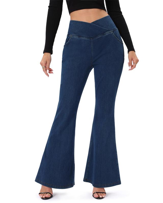 Bell Bottom Jeans for Women High Waisted Stretchy Flare Jeans Pull On Wide Leg Jean Woman V Cross Flare Leggings Pants