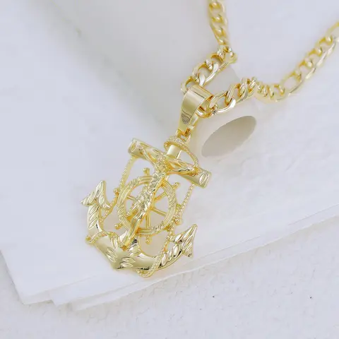 Three Sizes Ship Anchor Jesus Unique Pendant Necklace with 24 Inch Figaro Chain, Fashion Religious Accessory, Perfect Gift Choice, Statement Religious Necklace, Religious Jewelry