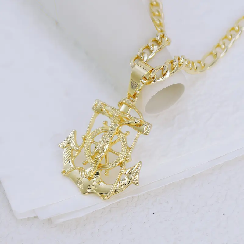Three Sizes Ship Anchor Jesus Unique Pendant Necklace with 24 Inch Figaro Chain, Fashion Religious Accessory, Perfect Gift Choice, Statement Religious Necklace, Religious Jewelry