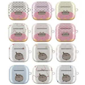 Pusheen Kawaii Donut Cat, Kawaii Chubby – Cute Pastel Kitty Dessert AirPods Case  Sweet Donut & Sprinkles Aesthetic, Cat with Stars, Polka Dots, Checkered, Stripes, Ribbons & Grid Hearts  For AirPods 1 2 3 4 &