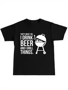 Father's Day Beer Drinking & Grilling Shirt, Casual Graphic Long Sleeve Fitted Tee, Perfect Gift for Dad, BBQ Master Shirt