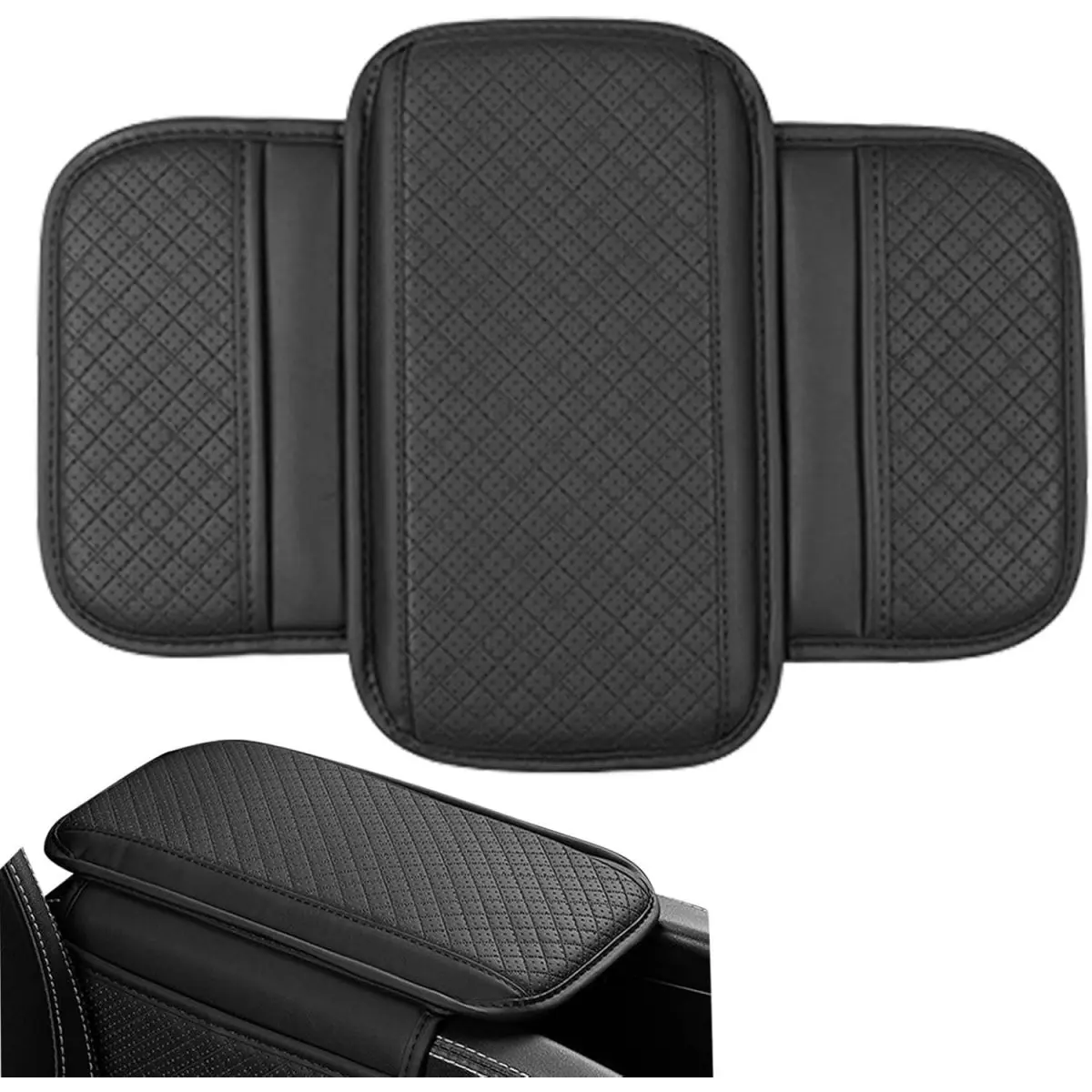 Car Center Console Cover with Storage Pockets – Heightened Armrest Cushion, Square Pattern & Ventilation Holes, Artificial Leather, Universal Fit for Small to Mid-Size Cars