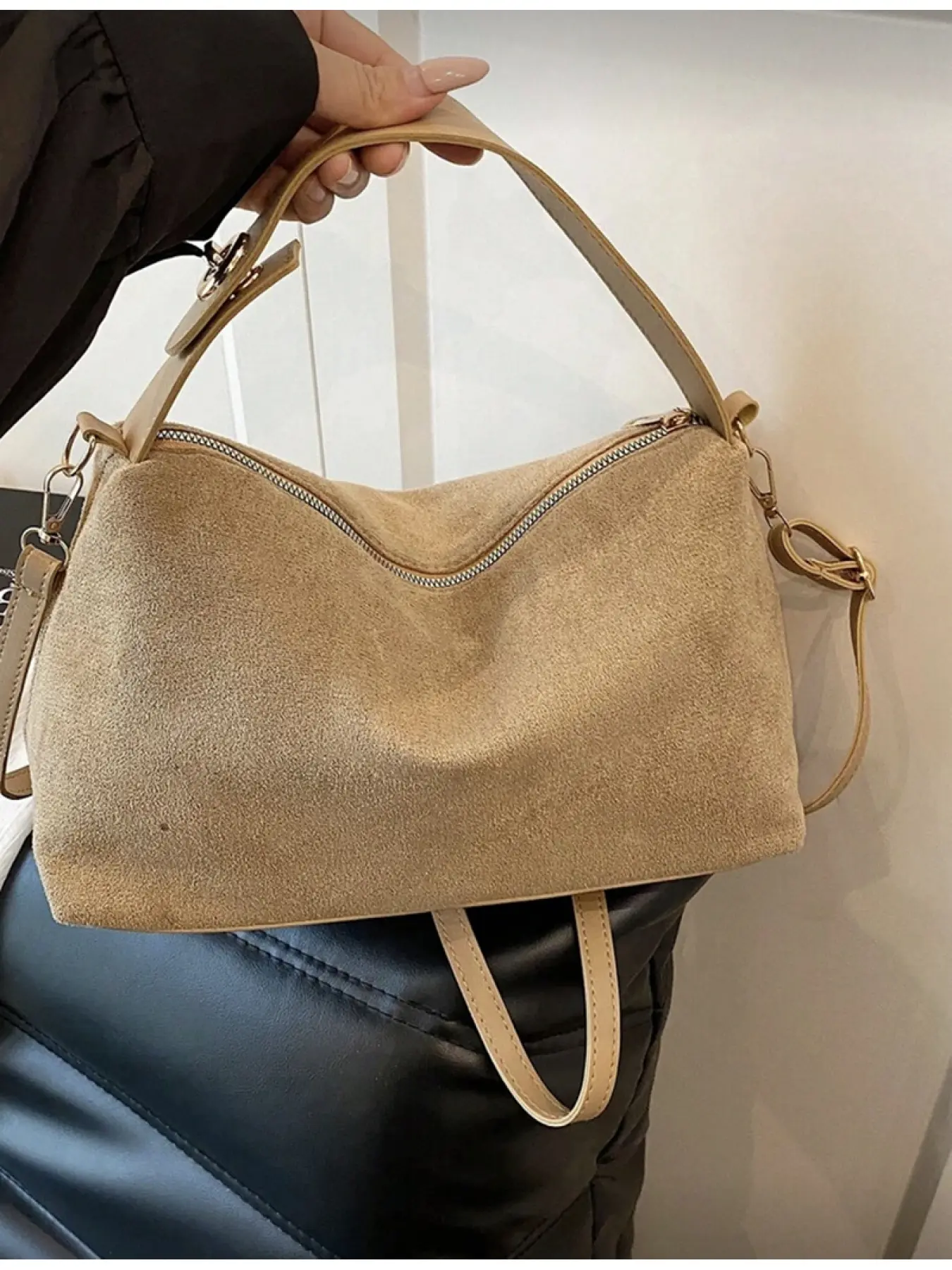 Women's Khaki Faux Suede Smooth Zipper Metal Lock Handbag Casual Shoulder Sling Bag Crossbody Bags Fashion Versatile Casual Solid Color Autumn Winter New Trendy Unique Top Handle Bag for Daily Use