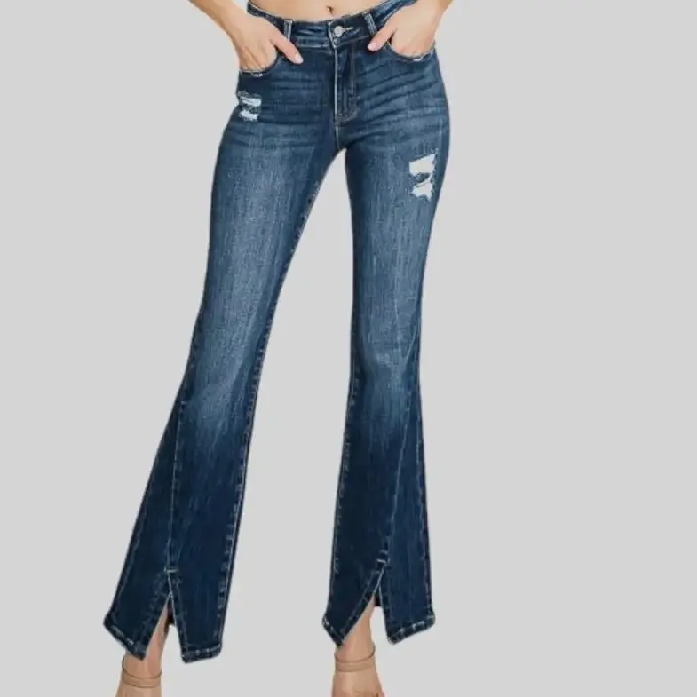 Petra 153- Mid Rise Stretch Bootcut Jeans with Split Hem Distressed Style Dark Blue Denim Women's Fashion