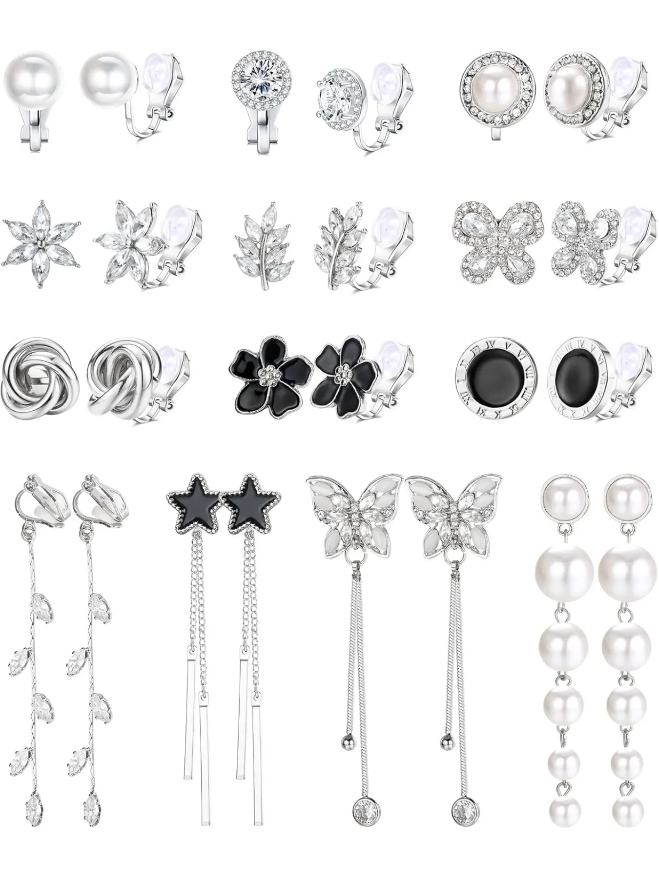 13 Pairs Clip On Earrings for Women and Girls High Quality Earrings Gold/Silver Non Pierced Drop Earrings CZ Simulated Pearl Butterfly Flower Star Twist Knot Hypoallergenic Stud Earring Non Piercing Jewelry Clip Earrings Set