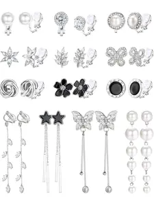 13 Pairs Clip On Earrings for Women and Girls Gold/Silver Non Pierced Drop Earrings CZ Simulated Pearl Butterfly Flower Star Twist Knot Hypoallergenic Clip Earrings Set Trendy Jewelry