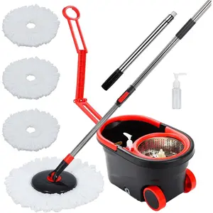 Spin Mop Bucket with Wringer Set, 360? Mop Bucket Floor Cleaning System with 3 Microfiber Replacement Mop  Refills, 61" Adjustable Stainless Steel Handle, 2X Wheel for  Cleaning
