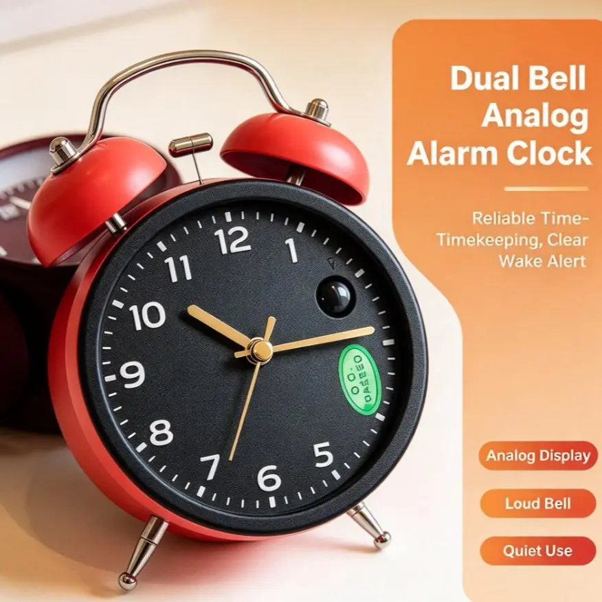 Vintage Twin Bell Alarm Clock, 4 Colors Available (White/Black/Red/Blue), Silent Non-Ticking Desk Clock with Night Light, Loud Wake-Up Alarm for Bedroom Students